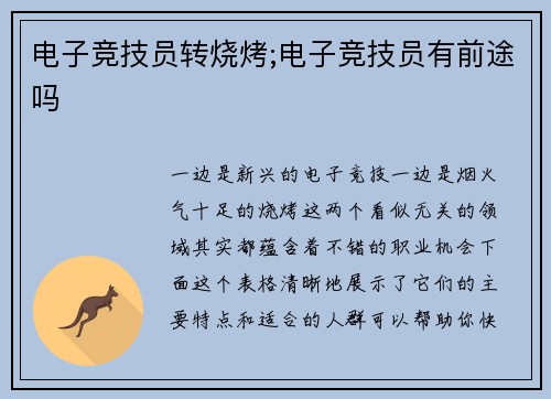 电子竞技员转烧烤;电子竞技员有前途吗